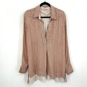 FREE PEOPLE Mauve Beige Striped Oversized Boho High Low Tunic Top Size Medium